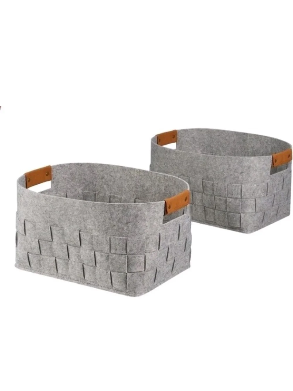 Home Accents Grey Felt Storage Baskets with Brown Handles - Set of 2   Nib